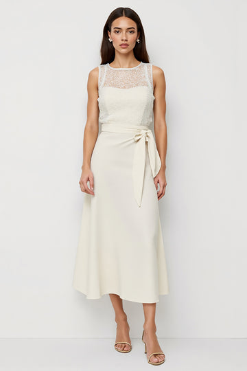 Illusion Neck A Line White Midi Work Dress with Sash